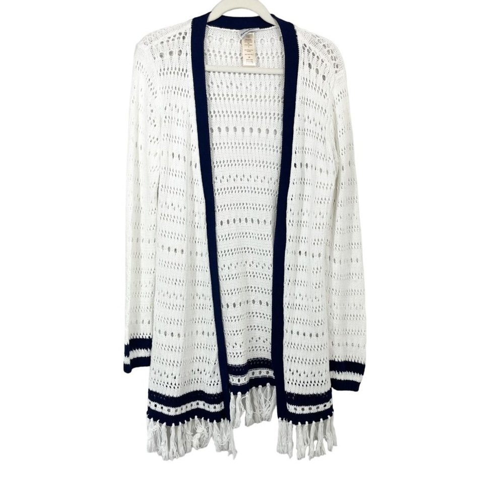 Tommy Bahama Open Knit‎ Tassels Open Front Cardigan Sweater White Navy - SMALL